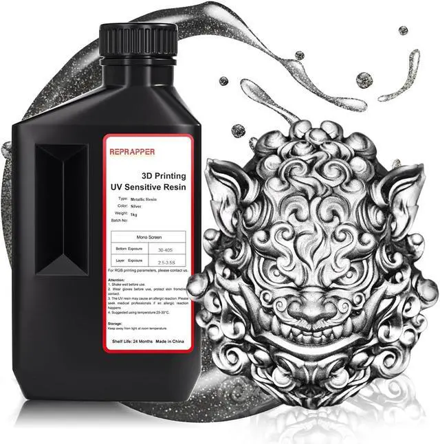 Main image of Silver MetalShift 3D Printer Resin 405nm Fast UV-Curing Standard Photopolymer 3D Printing Resin with Metallic Shine for LCD Printer, Argent Aura 1000g
