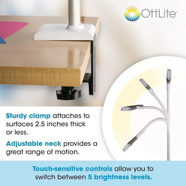Alt view image 2 of 7 - OttLite LED Desk Lamp with Sturdy Clamp - Extra Wide Lighting, Dimmable with 5 Brightness Settings & Energy Efficient Natural Daylight LEDs for Home Office, Computer Desk, Dorms & Workbench