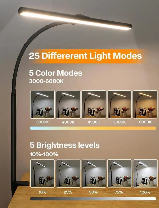 Alt view image 2 of 7 - ACNCTOP LED Desk Lamp for Office Home - Eye-Caring Architect Task Lamp 25 Lighting Modes Adjustable Flexible Gooseneck Clamp Light for Workbench Drafting Reading Study (Black)
