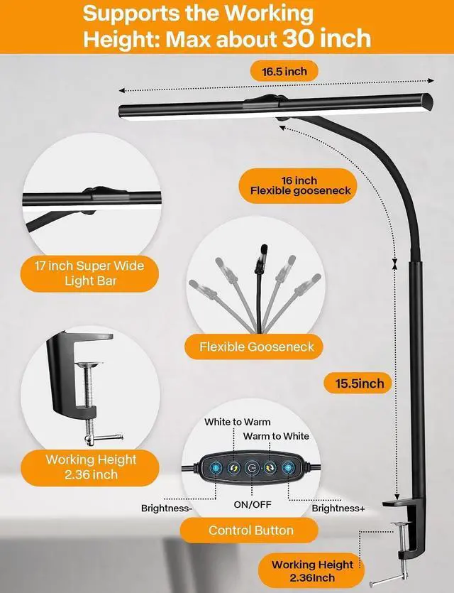 Alt view image 6 of 7 - ACNCTOP LED Desk Lamp for Office Home - Eye-Caring Architect Task Lamp 25 Lighting Modes Adjustable Flexible Gooseneck Clamp Light for Workbench Drafting Reading Study (Black)