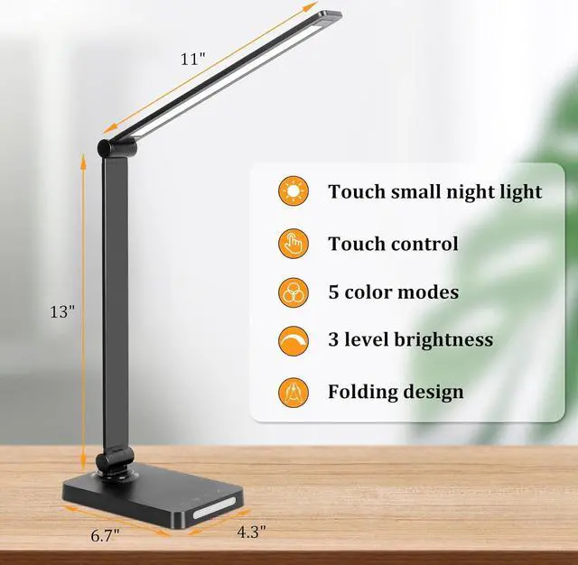 Alt view image 3 of 5 - Dott Arts LED Desk Lamp with USB Ports,Touch Desk Lamps for Home Office with 5 Color Modes,3 Brightness Desk Light with Small Night Light,Reading Lamp Table LED Lamp for Bedroom Bedsid Study Black