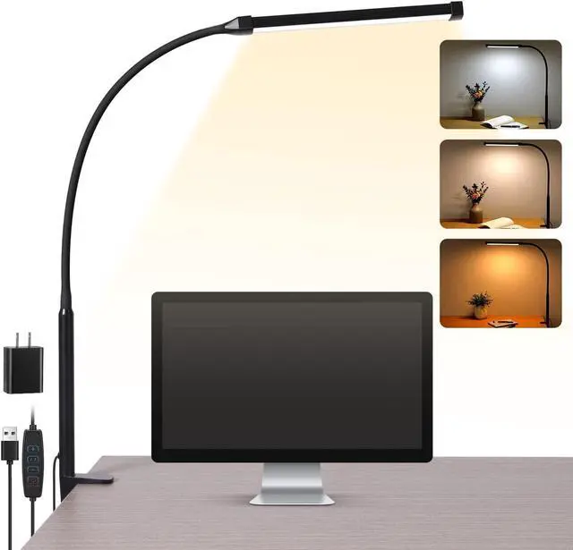 Main image of LED Desk lamp with Clamp, Eye-Caring Clip on Lights for Home Office, 3 Modes 10 Brightness, Long Flexible Gooseneck,Metal, Swing Arm Architect Task Table Lamps with USB Adapter, Black