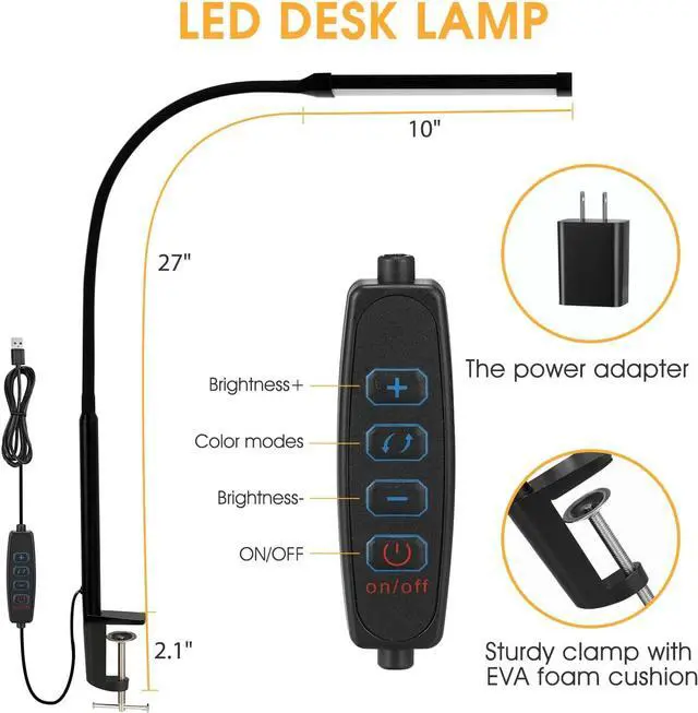 Alt view image 4 of 7 - LED Desk lamp with Clamp, Eye-Caring Clip on Lights for Home Office, 3 Modes 10 Brightness, Long Flexible Gooseneck,Metal, Swing Arm Architect Task Table Lamps with USB Adapter, Black