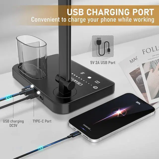 Alt view image 2 of 7 - Dimmable LED Desk Lamp with USB Charging Port, 50 Lighting Modes Dual Swing Arm Architect Table Lamp Light Desk Lamp for Home Office Dorm Piano Nail