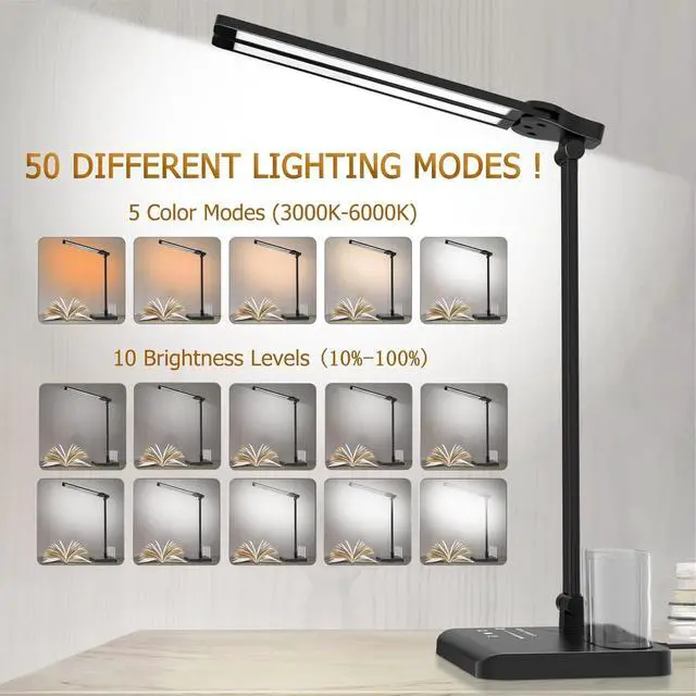 Alt view image 4 of 7 - Dimmable LED Desk Lamp with USB Charging Port, 50 Lighting Modes Dual Swing Arm Architect Table Lamp Light Desk Lamp for Home Office Dorm Piano Nail