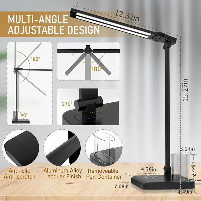 Alt view image 5 of 7 - Dimmable LED Desk Lamp with USB Charging Port, 50 Lighting Modes Dual Swing Arm Architect Table Lamp Light Desk Lamp for Home Office Dorm Piano Nail