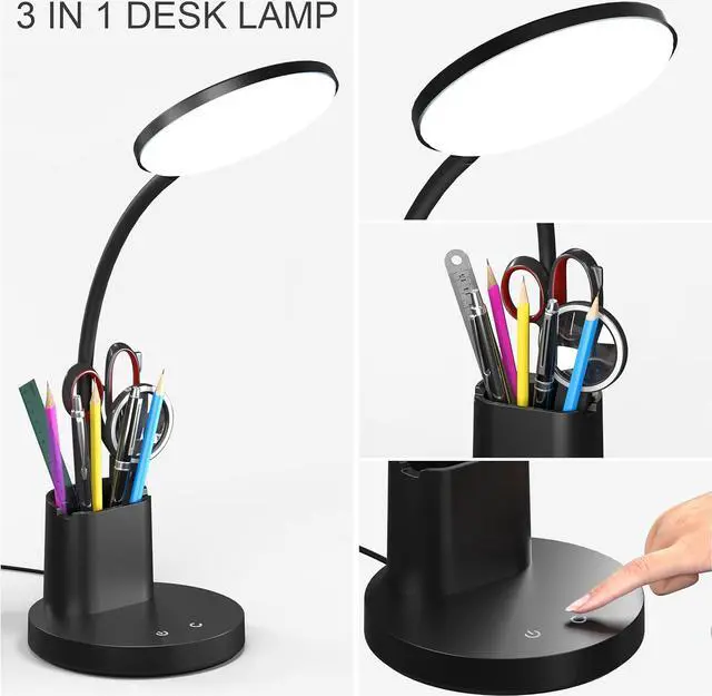 Alt view image 2 of 7 - Desk Lamp, LED Desk Lamp for Home Office, Touch Table Lamp with 3 Color Modes 360° Adjustable Arm, Dimmable Desk Light with Pen Phone Holder, Black