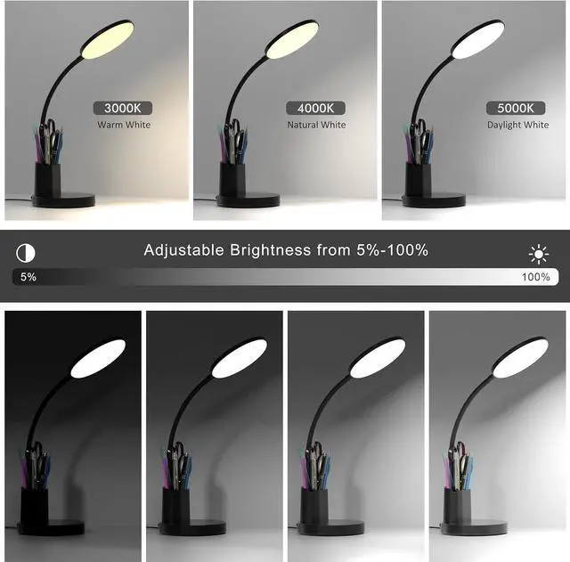 Alt view image 3 of 7 - Desk Lamp, LED Desk Lamp for Home Office, Touch Table Lamp with 3 Color Modes 360° Adjustable Arm, Dimmable Desk Light with Pen Phone Holder, Black