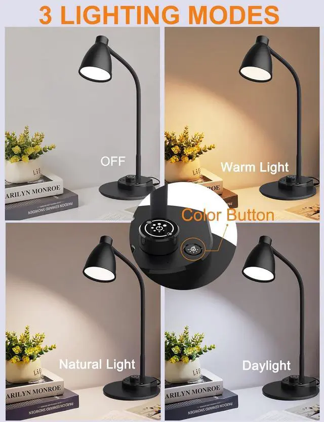 Alt view image 2 of 6 - BOHON LED Desk Lamp with USB Charging Port 3 Color Modes Dimmable Reading Light Intelligent Induction Auto Dimming Task Lamp Flexible Gooseneck Table Lamp for Bedside Office, AC Adapter Include