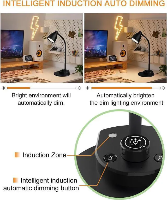 Alt view image 6 of 6 - BOHON LED Desk Lamp with USB Charging Port 3 Color Modes Dimmable Reading Light Intelligent Induction Auto Dimming Task Lamp Flexible Gooseneck Table Lamp for Bedside Office, AC Adapter Include