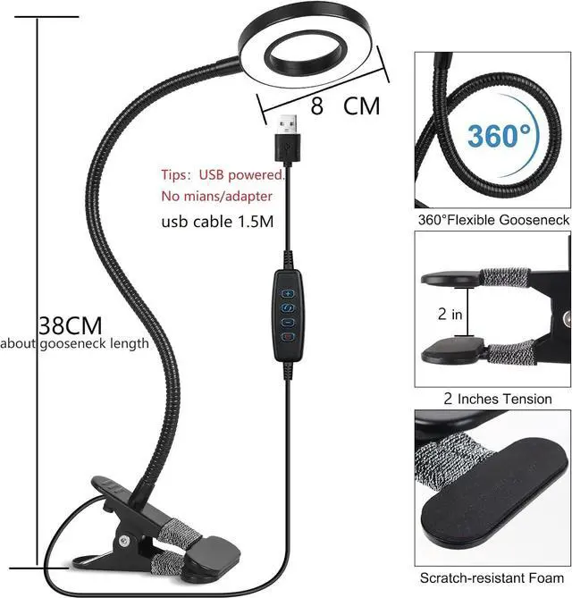 Alt view image 4 of 6 - Desk Clip on Lamp for Reading Home Office, 10 Dimmable Brightness 3 Modes, Ring/ Clamp Light for Bed Headboard, Craft, Computer, Video Call