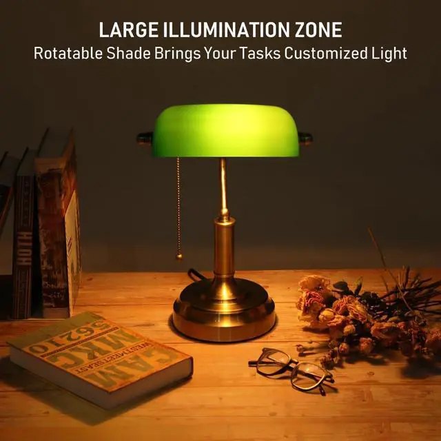 Alt view image 5 of 7 - TORCHSTAR Green Glass Bankers Desk Lamp, UL Listed, Antique Desk Lamps with Brass Base, Traditional Library Lamp with Pull Chain, E26 Base, Vintage Desk Lamp for Office, Study Room