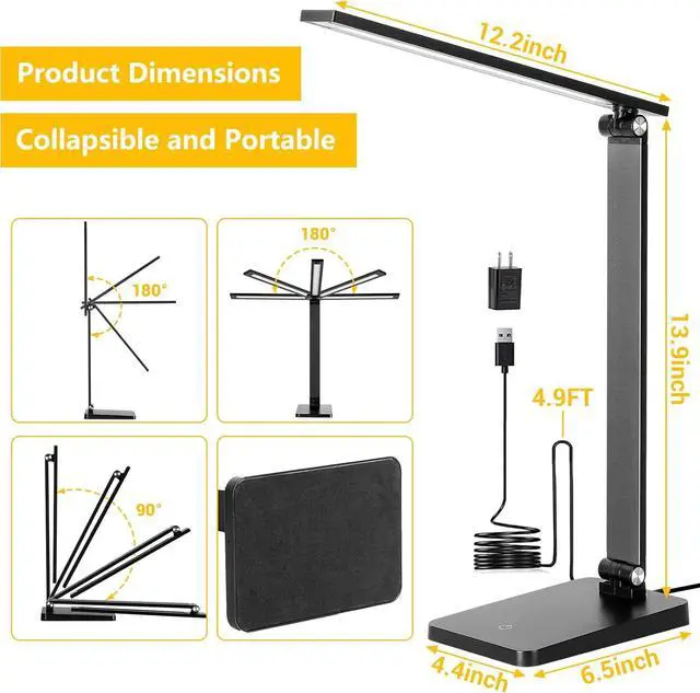 Alt view image 4 of 7 - LED Desk Lamp for Home Office, 3 Levels Dimmable Desk Light with USB Charging Port, Small Study Lamp, Reading Light for Table, Black, 5000K
