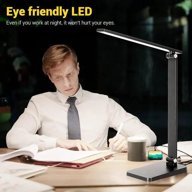 Alt view image 5 of 7 - LED Desk Lamp for Home Office, 3 Levels Dimmable Desk Light with USB Charging Port, Small Study Lamp, Reading Light for Table, Black, 5000K