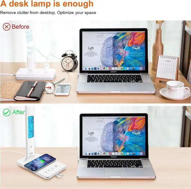 Alt view image 2 of 7 - Desk Light with Wireless Charger, USB Charging Port, Dimmable Office Desk Lamp with Clock, Alarm, Date, Temperature, Foldable Lamp for Table Bedroom Bedside Office