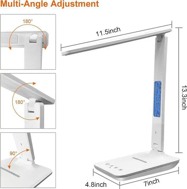 Alt view image 5 of 7 - Desk Light with Wireless Charger, USB Charging Port, Dimmable Office Desk Lamp with Clock, Alarm, Date, Temperature, Foldable Lamp for Table Bedroom Bedside Office