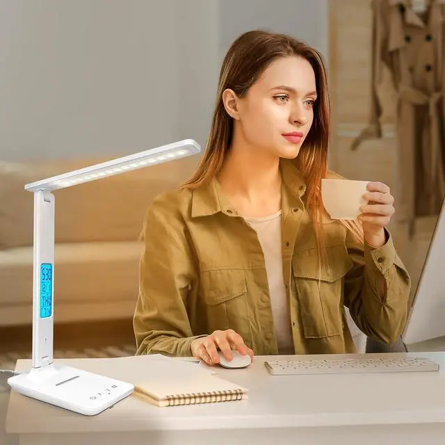 Alt view image 7 of 7 - Desk Light with Wireless Charger, USB Charging Port, Dimmable Office Desk Lamp with Clock, Alarm, Date, Temperature, Foldable Lamp for Table Bedroom Bedside Office