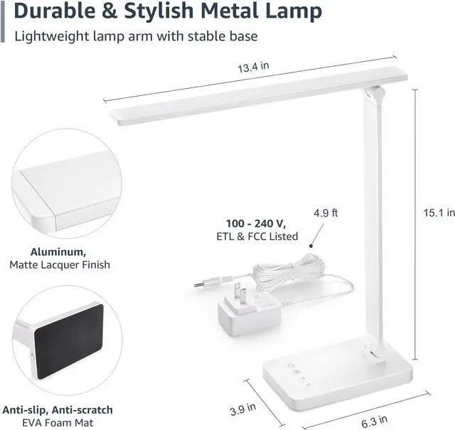 Alt view image 6 of 7 - Lepro LED Desk Lamp, Metal Desk Light 9W 550lm, Dimmable Home Office Desktop Task Lamp Touch Control, 3 Color Modes, School Supplies College Dorm Room Essentials, Reading, Crafting, Sewing, White