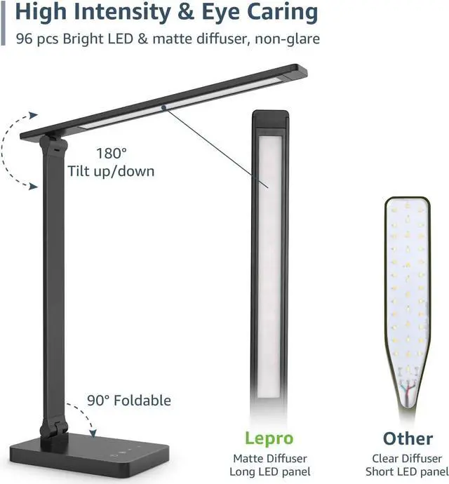 Alt view image 7 of 7 - Lepro LED Desk Lamp with USB Charging Port Dimmable Home Office Touch Control Reading Table Lamp,3 Color Modes with 5 Brightness Level,College Dorm Room Essentials, Eye Caring, Sewing, Crafting, Black