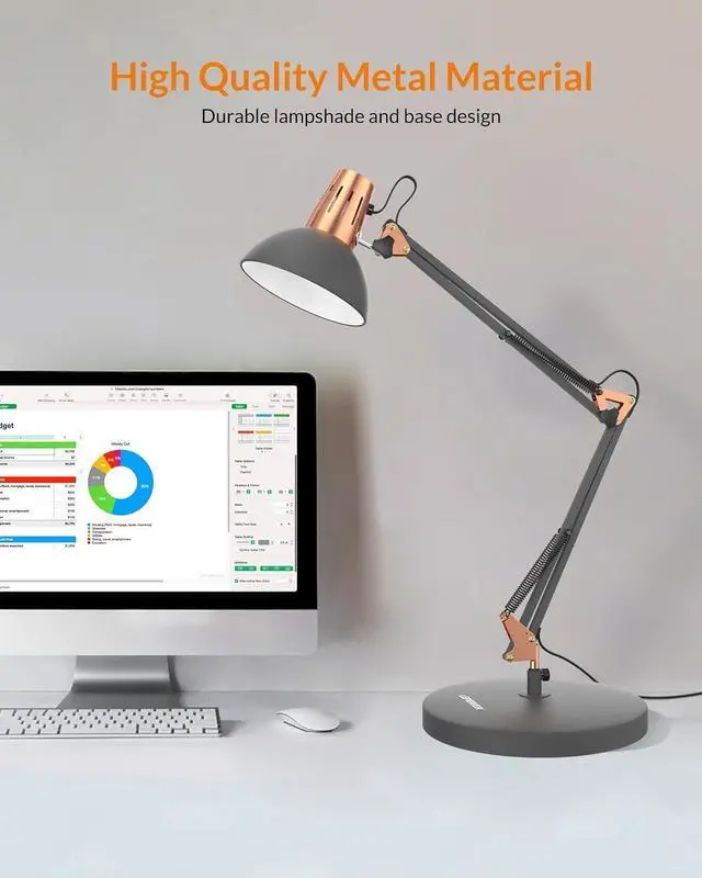 Alt view image 2 of 7 - LEPOWER Metal Desk Lamp, Adjustable Goose Neck Architect Table Lamp with On/Off Switch, Swing Arm Desk Lamp with Clamp, Eye-Caring Reading Lamp for Bedroom, Study Room &Office (Sandy Black)