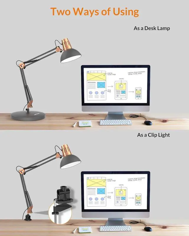 Alt view image 3 of 7 - LEPOWER Metal Desk Lamp, Adjustable Goose Neck Architect Table Lamp with On/Off Switch, Swing Arm Desk Lamp with Clamp, Eye-Caring Reading Lamp for Bedroom, Study Room &Office (Sandy Black)