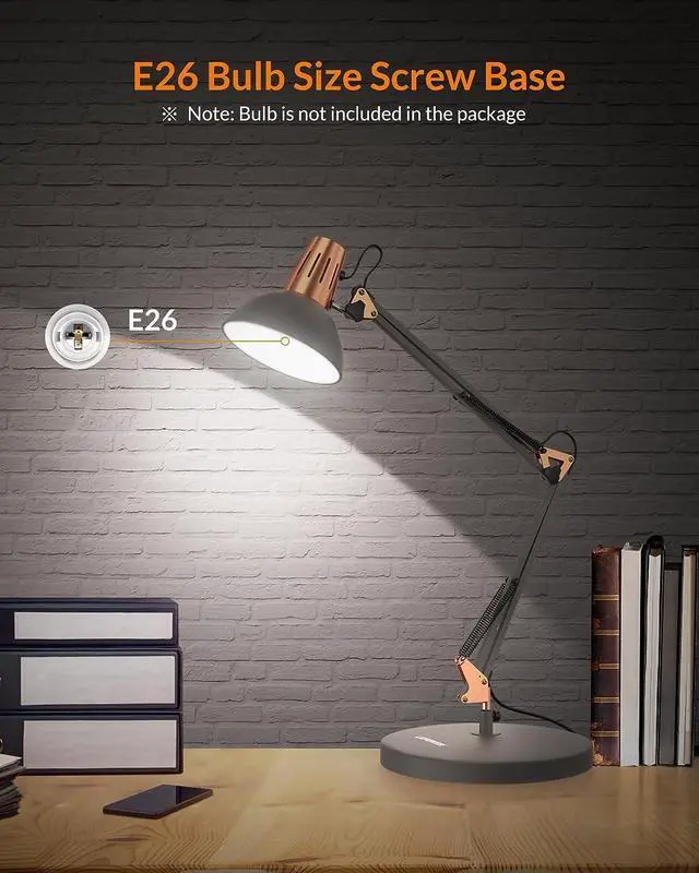 Alt view image 4 of 7 - LEPOWER Metal Desk Lamp, Adjustable Goose Neck Architect Table Lamp with On/Off Switch, Swing Arm Desk Lamp with Clamp, Eye-Caring Reading Lamp for Bedroom, Study Room &Office (Sandy Black)