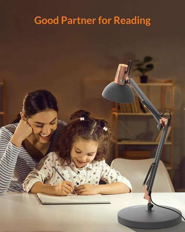 Alt view image 5 of 7 - LEPOWER Metal Desk Lamp, Adjustable Goose Neck Architect Table Lamp with On/Off Switch, Swing Arm Desk Lamp with Clamp, Eye-Caring Reading Lamp for Bedroom, Study Room &Office (Sandy Black)