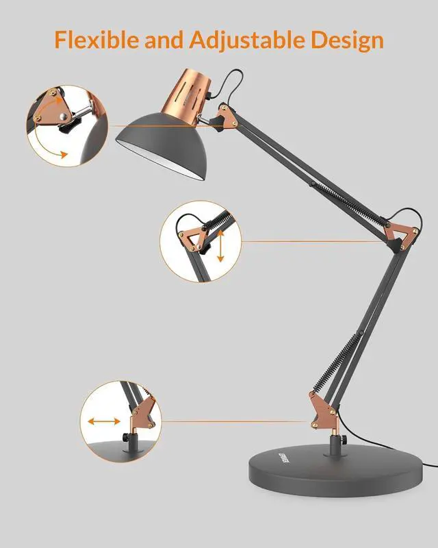 Alt view image 6 of 7 - LEPOWER Metal Desk Lamp, Adjustable Goose Neck Architect Table Lamp with On/Off Switch, Swing Arm Desk Lamp with Clamp, Eye-Caring Reading Lamp for Bedroom, Study Room &Office (Sandy Black)