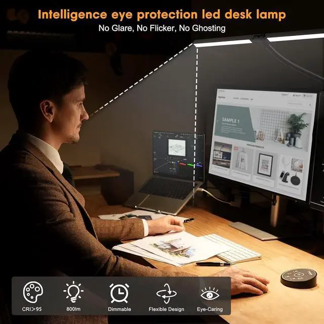 Alt view image 4 of 7 - Led Desk Lamp for Office Home - Eye Caring Architect lamp with Clamp,Dual Screen Computer Monitor Gooseneck Smart Light: 24W 5 Color Flexible Adjustable Lighting Table Lamp for Study Drafting