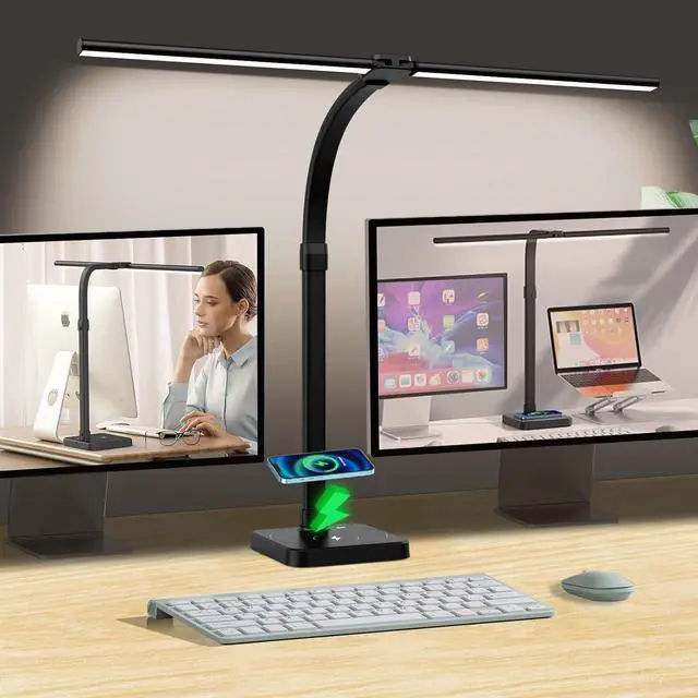 Main image of LED Desk Lamp for Home Office, Double Head 24W with USB Charging Port & Wireless Charger, Architect Light 5 Lighting Brightness Flexible Gooseneck Table Reading Study, Black
