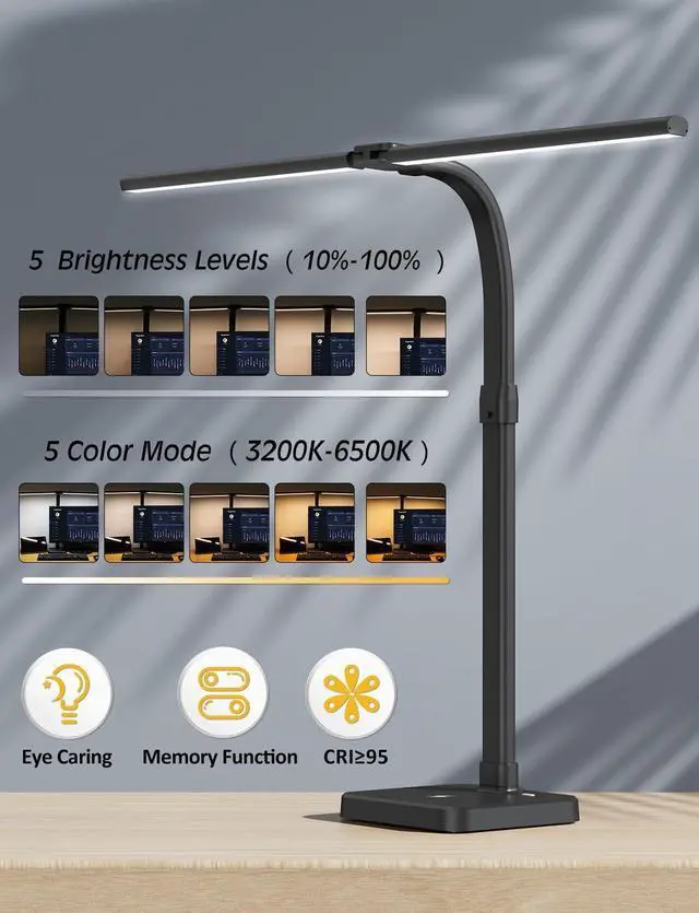 Alt view image 3 of 7 - LED Desk Lamp for Home Office, Double Head 24W with USB Charging Port & Wireless Charger, Architect Light 5 Lighting Brightness Flexible Gooseneck Table Reading Study, Black