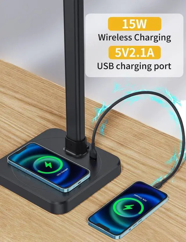 Alt view image 2 of 7 - LED Desk Lamp for Home Office, Double Head 24W with USB Charging Port & Wireless Charger, Architect Light 5 Lighting Brightness Flexible Gooseneck Table Reading Study, Black