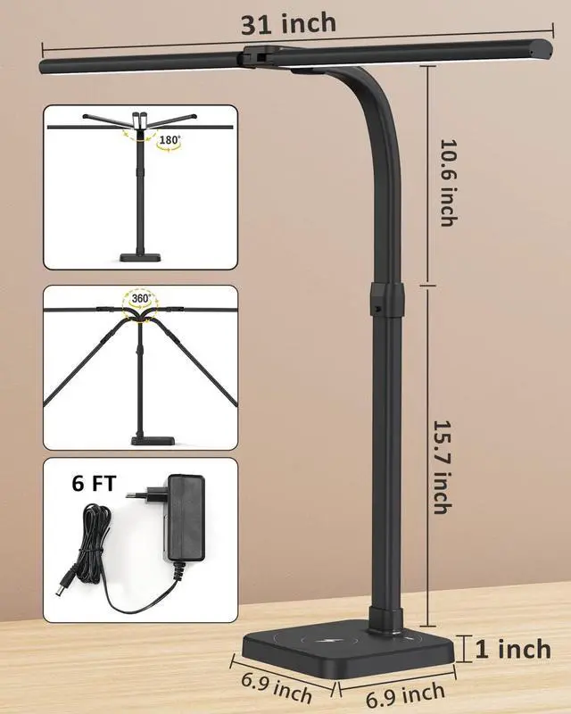 Alt view image 4 of 7 - LED Desk Lamp for Home Office, Double Head 24W with USB Charging Port & Wireless Charger, Architect Light 5 Lighting Brightness Flexible Gooseneck Table Reading Study, Black