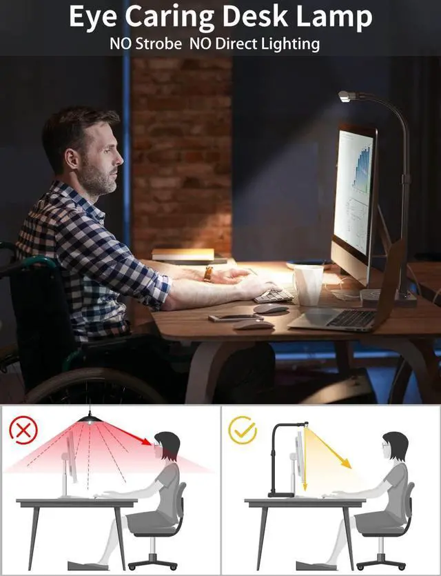 Alt view image 5 of 7 - LED Desk Lamp for Home Office, Double Head 24W with USB Charging Port & Wireless Charger, Architect Light 5 Lighting Brightness Flexible Gooseneck Table Reading Study, Black