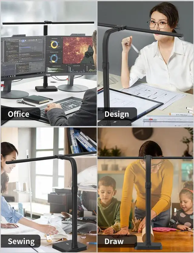 Alt view image 6 of 7 - LED Desk Lamp for Home Office, Double Head 24W with USB Charging Port & Wireless Charger, Architect Light 5 Lighting Brightness Flexible Gooseneck Table Reading Study, Black