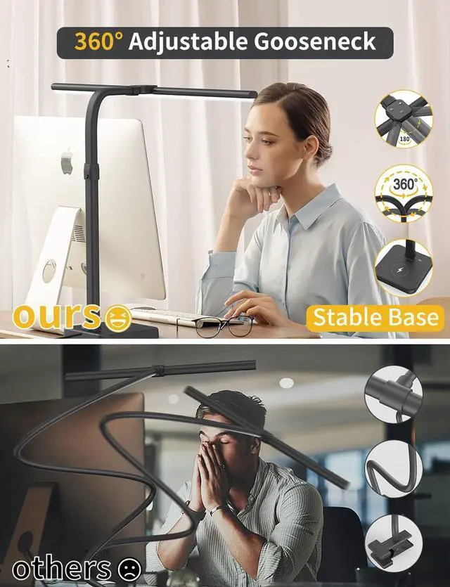Alt view image 7 of 7 - LED Desk Lamp for Home Office, Double Head 24W with USB Charging Port & Wireless Charger, Architect Light 5 Lighting Brightness Flexible Gooseneck Table Reading Study, Black