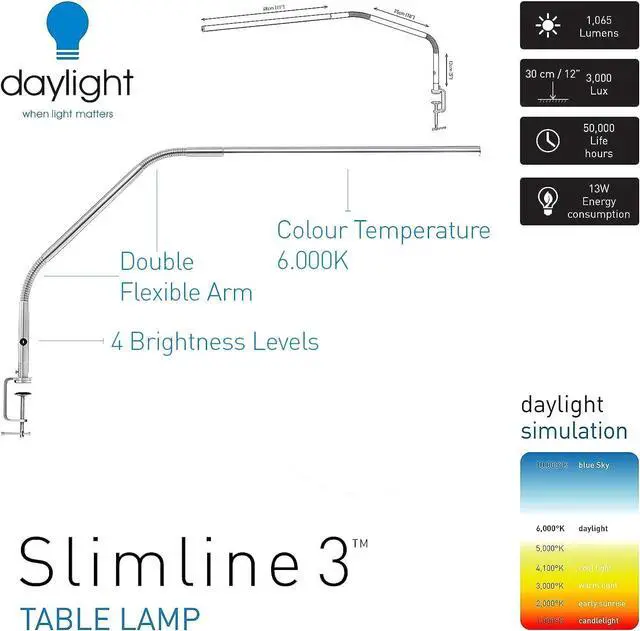 Alt view image 2 of 7 - Daylight Company, LLC U35108 Slimline 3 Table Lamp-LED-80 CRI-Eye Care-4 Brightness Levels, 3,000 LUX at 30 cm, 1,065 LUMENS-4 Step DIMMER Mode, Brushed Steel, 25.6 x 30 x .8
