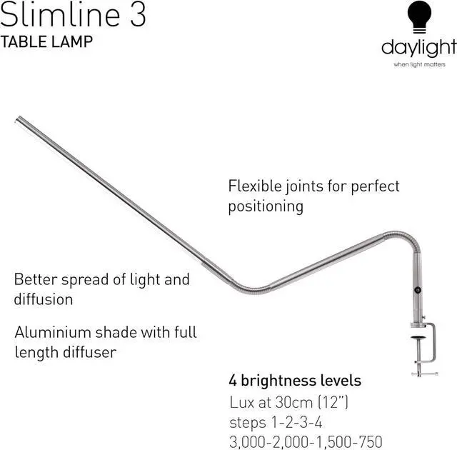 Alt view image 5 of 7 - Daylight Company, LLC U35108 Slimline 3 Table Lamp-LED-80 CRI-Eye Care-4 Brightness Levels, 3,000 LUX at 30 cm, 1,065 LUMENS-4 Step DIMMER Mode, Brushed Steel, 25.6 x 30 x .8