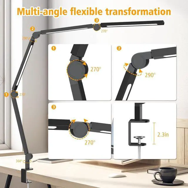 Alt view image 6 of 7 - LED Desk Lamp with Clip,Flexible 4 Section 3 Light Source Office Desk Lamp,4 Color Temperatures and 5 Brightness Level Desk Light,Night Eye Protection Task Table Lamp for Home Office Studio Study Nail
