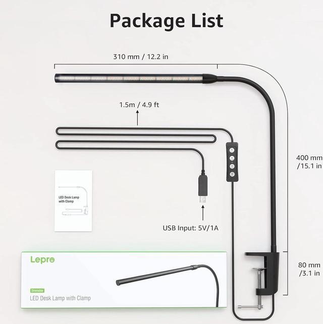 Alt view image 6 of 7 - Lepro Clip on Desk Lamp LED Reading Light Dimmable USB Clamp Lamp with 3 Color Modes 10 Brightness, Adjustable Flexible Gooseneck Table Light for Bed Headboard, Nail, Home Office, Computer(Black)