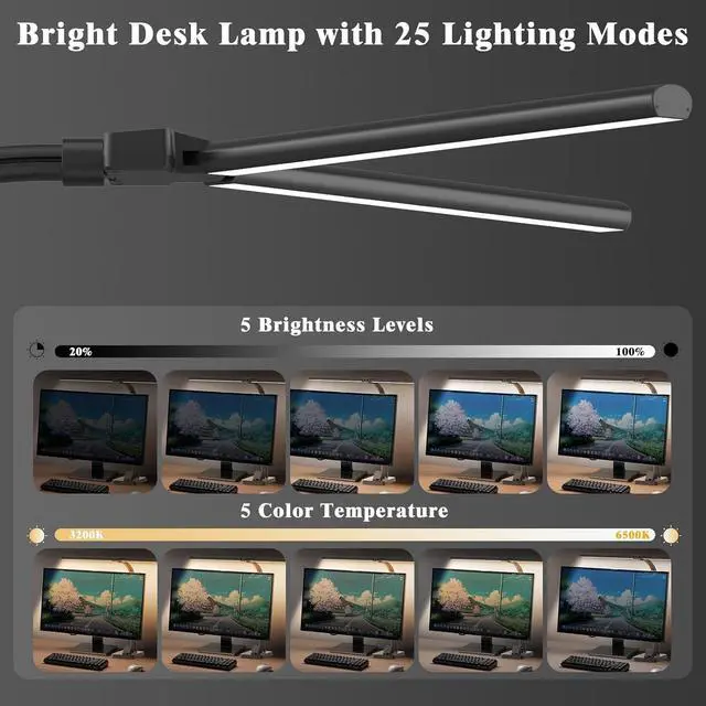 Alt view image 2 of 7 - LED Desk Lamp for Home Office, 24W Bright Desk Lamp with Phone Holder Base - 25 Lighting Modes Eye-Caring Desk Light Adjustable Gooseneck Lamp for Workbench Drafting Reading Study