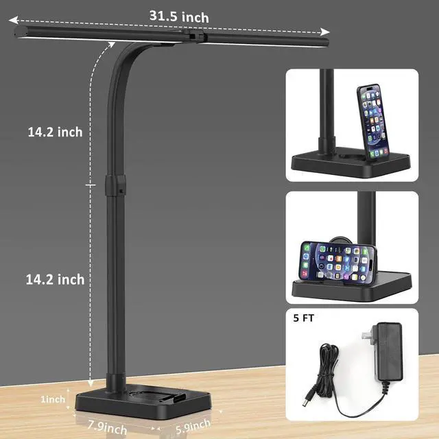 Alt view image 6 of 7 - LED Desk Lamp for Home Office, 24W Bright Desk Lamp with Phone Holder Base - 25 Lighting Modes Eye-Caring Desk Light Adjustable Gooseneck Lamp for Workbench Drafting Reading Study