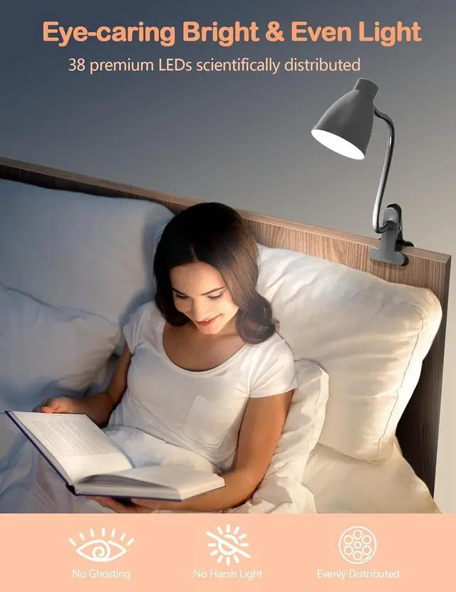 Alt view image 4 of 7 - BOHON Desk Lamp 3 Color Modes 10 Brightness Dimmer Reading Light 10W 38 LED Clamp Lamp with Auto Off Timer 360° Flexible Gooseneck Clip on Light for Bed Bedside, AC Adapter Include