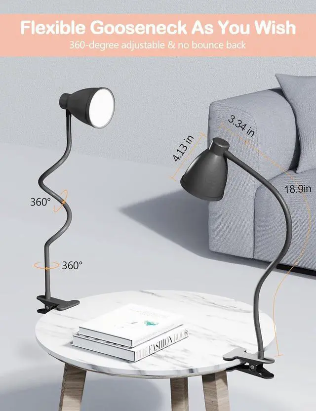 Alt view image 5 of 7 - BOHON Desk Lamp 3 Color Modes 10 Brightness Dimmer Reading Light 10W 38 LED Clamp Lamp with Auto Off Timer 360° Flexible Gooseneck Clip on Light for Bed Bedside, AC Adapter Include