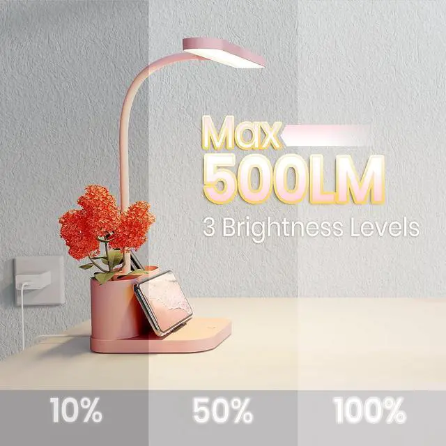 Alt view image 3 of 6 - AXX Pink Desk Lamp for Home Office, Cute Desk Lamps for Bedrooms, Kawaii, Dimmable LED, Flexible Gooseneck, Pen Holder, Touch Control, Room College Dorm Essentials for Teen Girls Kids