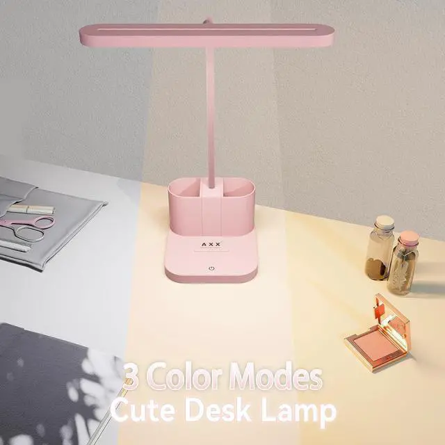 Alt view image 4 of 6 - AXX Pink Desk Lamp for Home Office, Cute Desk Lamps for Bedrooms, Kawaii, Dimmable LED, Flexible Gooseneck, Pen Holder, Touch Control, Room College Dorm Essentials for Teen Girls Kids