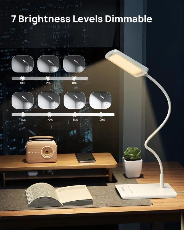 Alt view image 4 of 7 - TROND LED Desk Lamp for Home Office, 3 Color Modes 7 Brightness, Dimmable Table Lamp, Eye Caring Reading Light, Adjustable Gooseneck, Touch Control, Setting Memory, Desk Light for Study Task Work
