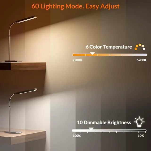 Alt view image 3 of 7 - LED Desk Lamp for Home Office, 750LM Eye-Caring Reading Desk Light, 12W Gooseneck Lamp for Desk, Touch Table Lamp with 3 Timer Function, 60 Lighting Modes, Bright Desk Lamps for Study