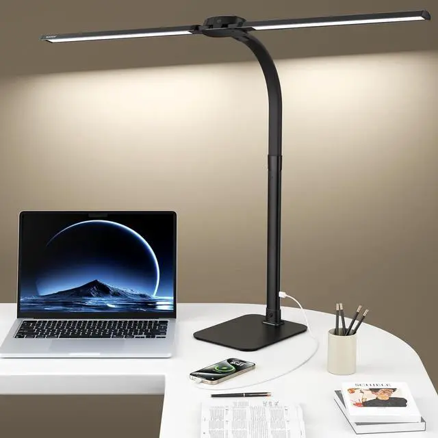Main image of Desk Lamp with USB Charging Port for Home Office 24w Architect Remote Base Dual Task Led Light Modern 5 Color Modes Dimmable Adjustable Gooseneck Double Head Reading Drafting Eye Caring Tall Lamps