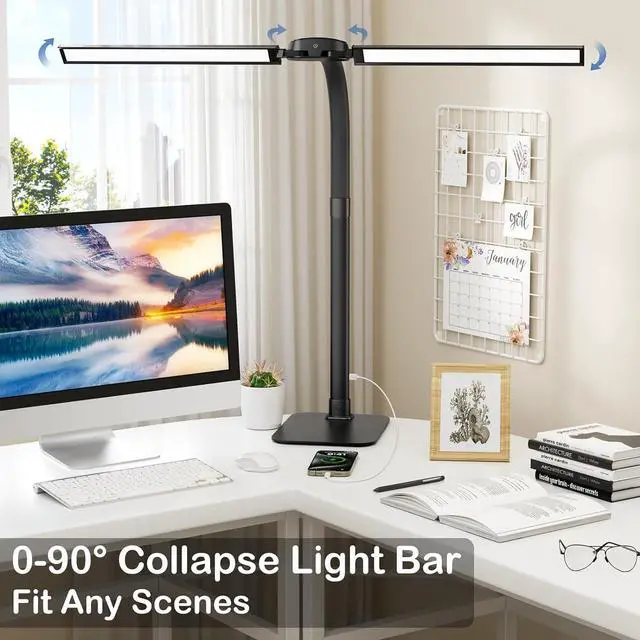 Alt view image 4 of 7 - Desk Lamp with USB Charging Port for Home Office 24w Architect Remote Base Dual Task Led Light Modern 5 Color Modes Dimmable Adjustable Gooseneck Double Head Reading Drafting Eye Caring Tall Lamps